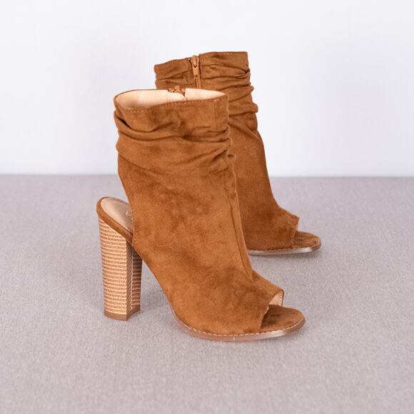 VENUS Shoes - Women's Brown Faux Suede Peep Toe Heeled Zip Booties SZ 8 Festival Western Boho